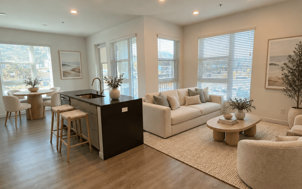 B2 - 2 bedroom floorplan layout with 2 bathrooms and 1087 square feet (Kitchen/Living Area)